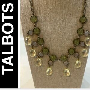 Talbots Earthy Olive Stone & Yellow Crystal Drop Brass  Chain Bib Necklace 18”L